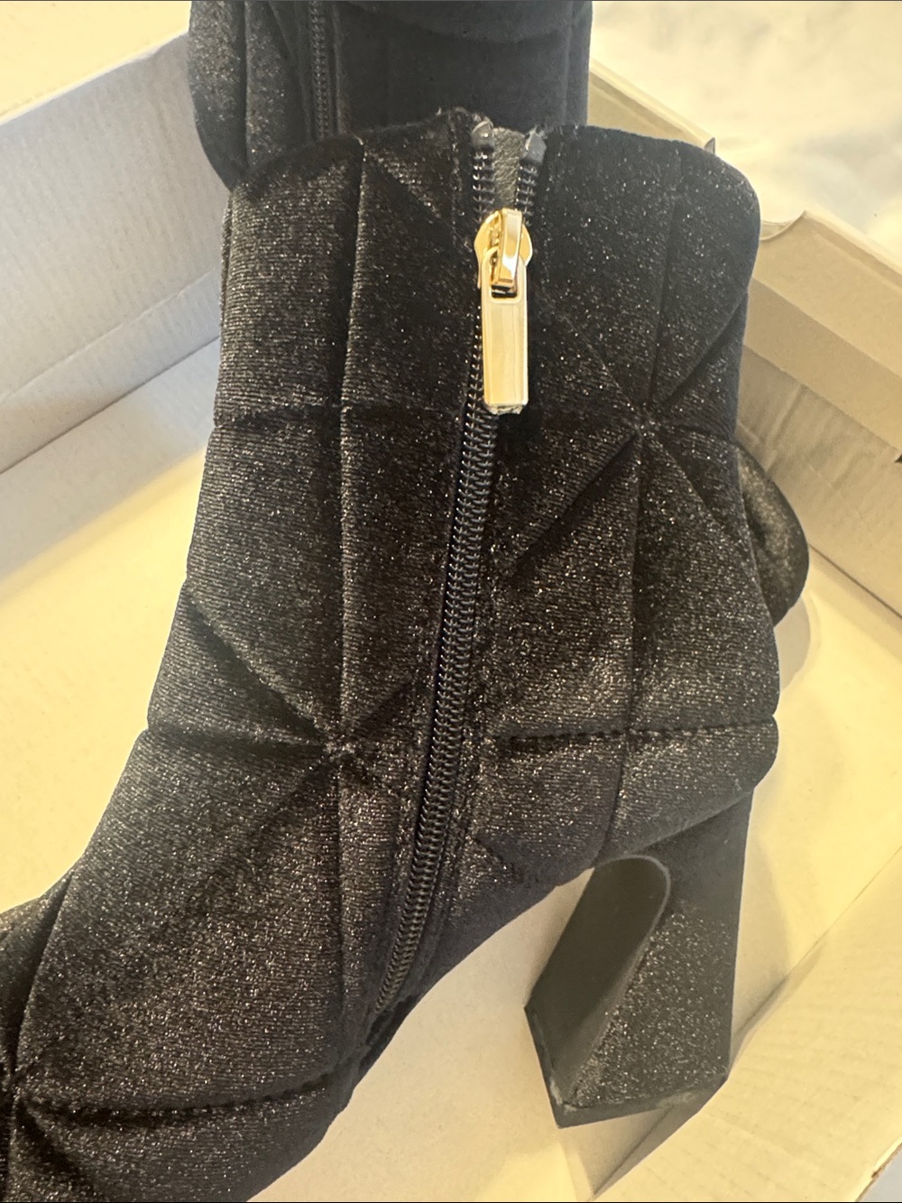 Women's Black Velvet Quilted Ankle Boots - Picture 3 of 3